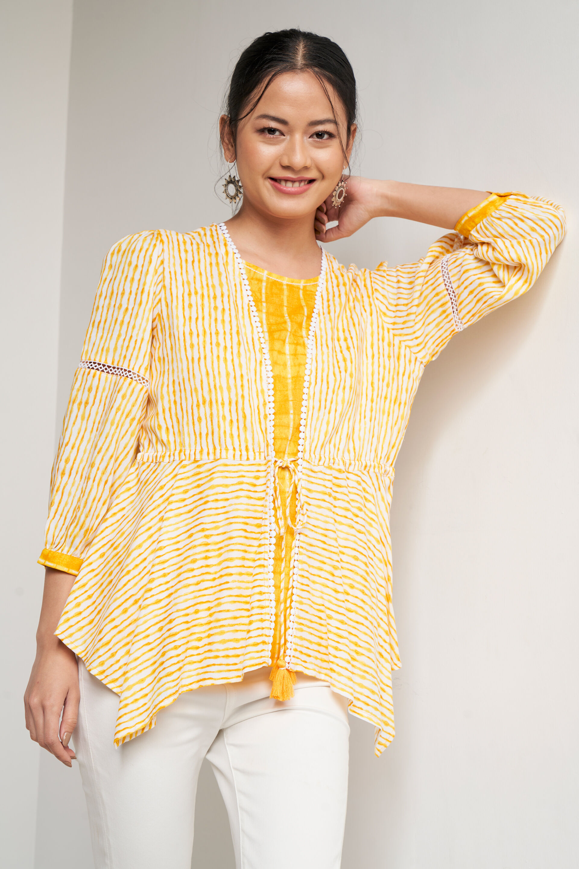 Open shoulder tassel tie aztec sale top